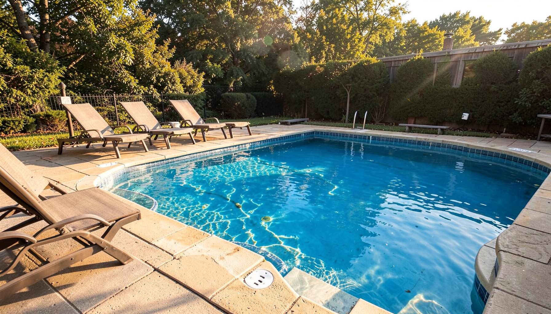 Sunlit Junior Olympic size swimming pool with lounge chairs on the deck, blue water and warm summer atmosphere