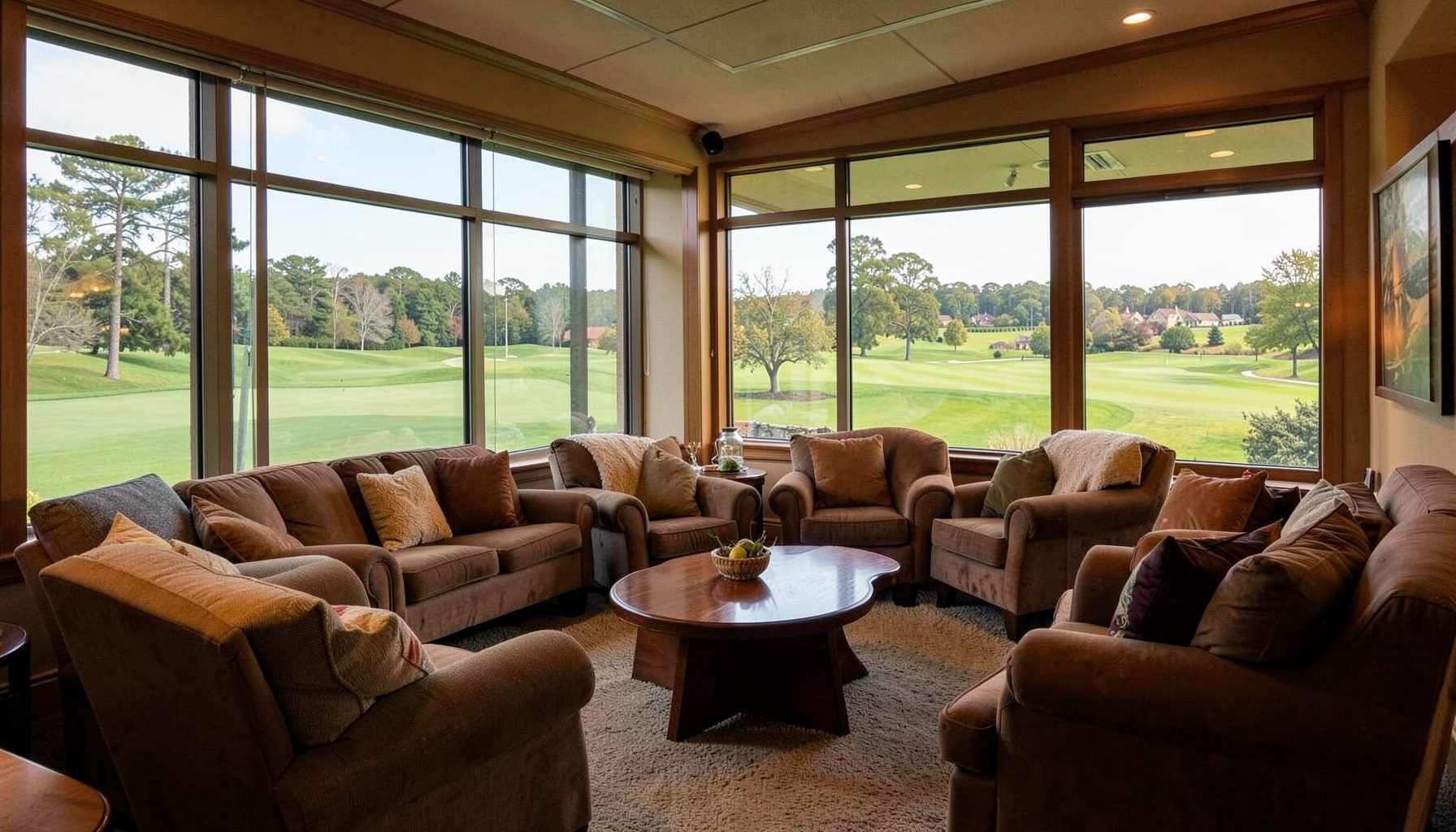 Interior of a warm clubhouse lounge with comfortable seating and views of the golf course through large windows