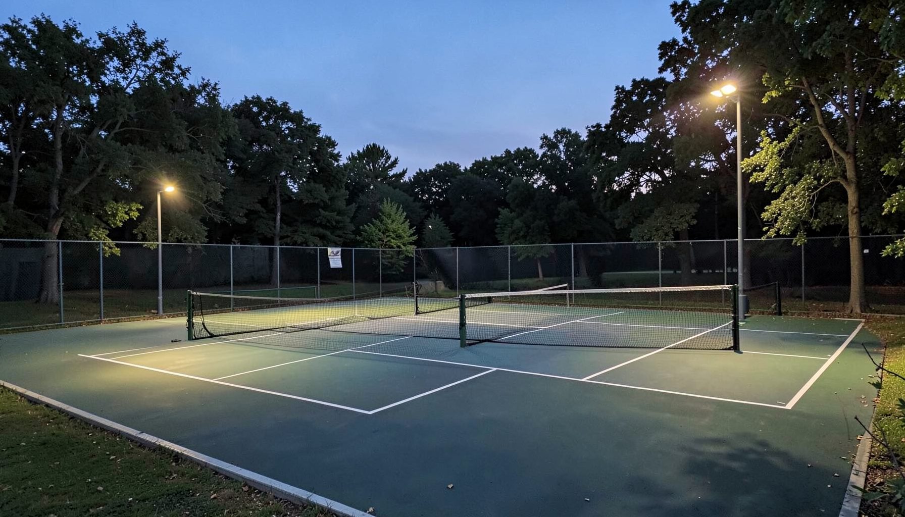 Lighted tennis courts at dusk with court lights glowing, surrounded by trees in a quiet park setting
